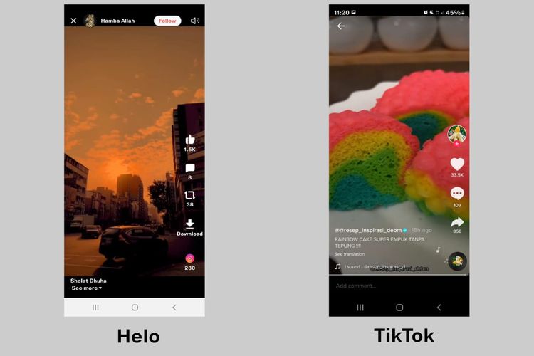 Tampilan preview video di aplikasi Helo dan TikTok