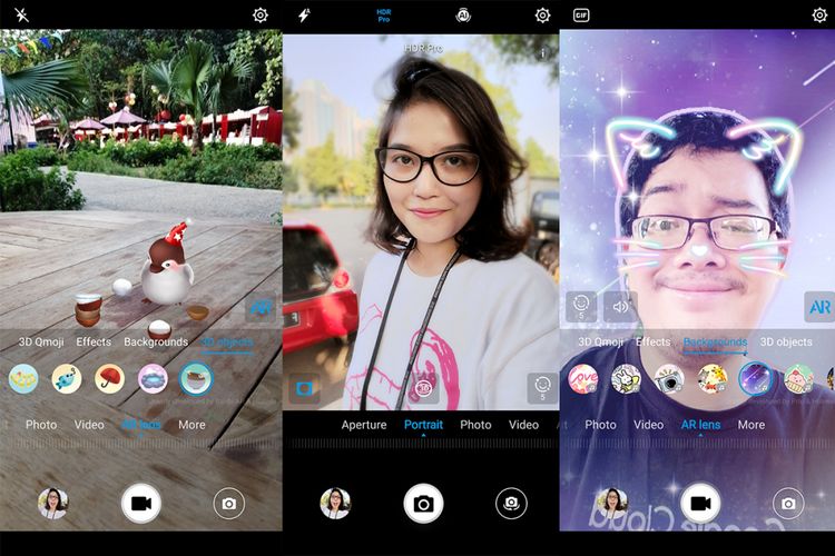 Kamera depan memanfaatkan Augmented Reality (AI) dan face recognition untuk menenpatkan aneka obyek virtual di dalam frame foto (kiri) atau di sekitar wajah pengguna (kanan). Seperti kamera belakang, kamera selfie milik Nova 3i juga mampu menerapkan efek bokeh di samping beautification dan simulasi lighting. 