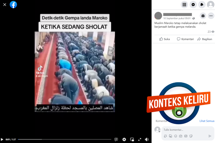 Tangkapan layar konten dengan konteks keliru di sebuah akun Facebook, Minggu (10/9/2023), soal video jamaah di Maroko tetap shalat meski gempa melanda.