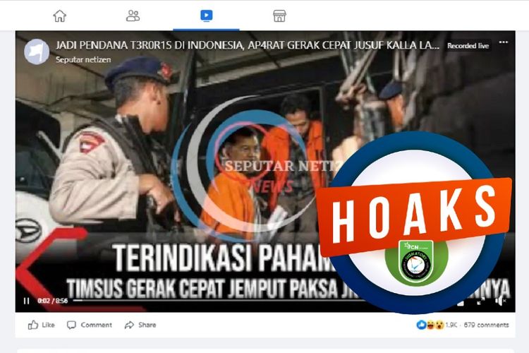 Tangkapan layar Facebook narasi yang menyebut bahwa Jusuf Kalla dijemput paksa aparat karena mendanai teroris di Indonesia