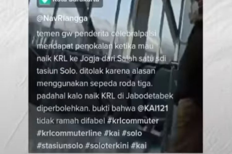 Tangkapan layar video viral seorang difabel celebral palsy diduga mendapat penolakan ketika naik KRL dari Stasiun Balapan Solo, Jawa Tengah.