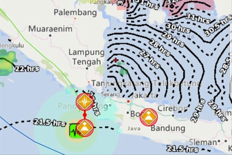 Peta prakiraan waktu potensi tsunami Gempa Banten yang dirilis BMKG, Jumat (2/8/2019).