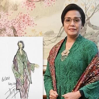 Busana rancangan desainer Didiet Maulana yang dikenakan mantan Sri Mulyani Indrawati. 