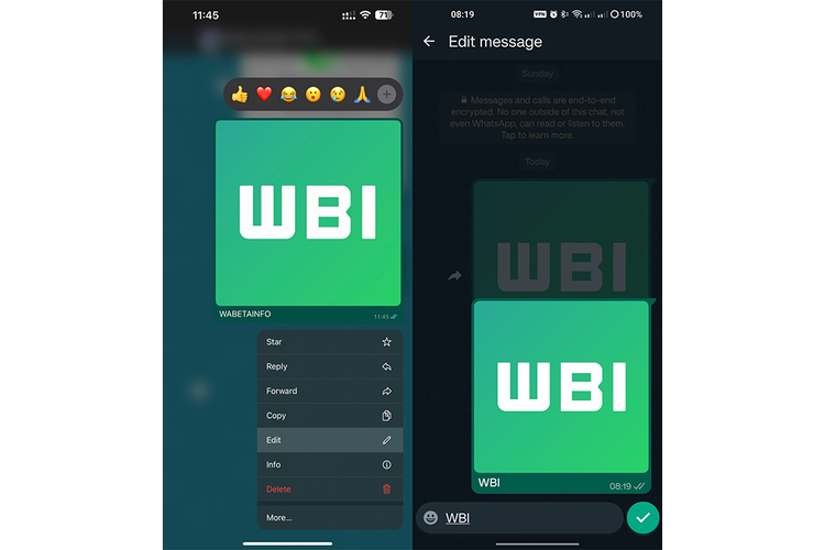 Tampilan fitur edit pesan yang disertai foto, video, GIF, ataupun dokumen di dalam chat WhatsApp