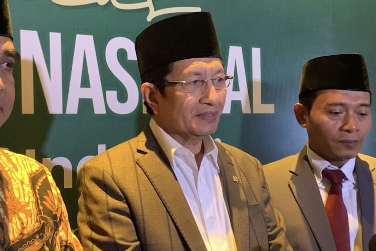 Menteri Agama (Menag) Nasaruddin Umar saat ditemui dalam agenda Rapat Kerja Nasional (Rakernas) Badan Wakaf Indonesia 2025 di Jakarta Pusat, Selasa (5/8/2025).