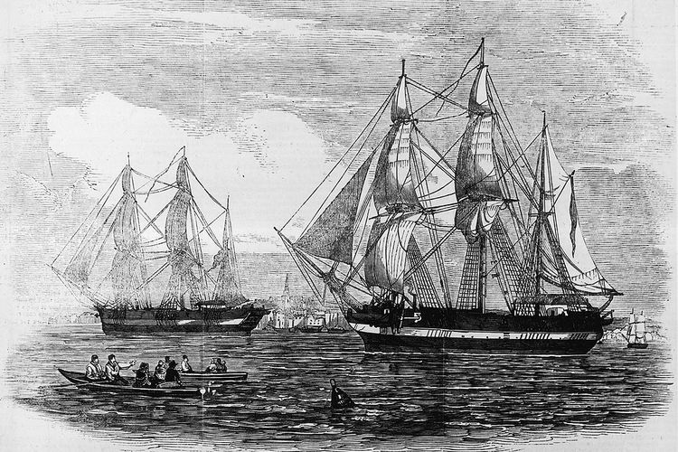 Gambar HMS Erebus dan HMS Terror yang berangkat ke Arktik dalam ekspedisi yang dipimpin Sir John Franklin pada 1845.