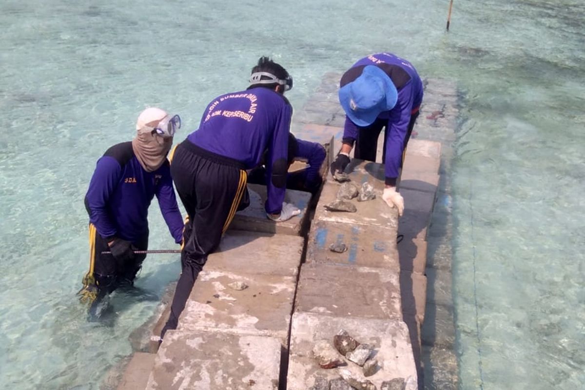 Pembangunan tanggul pengaman arus di Pulau Karya, Kepulauan Seribu Utara oleh Sudin SDA Kepulauan Seribu.