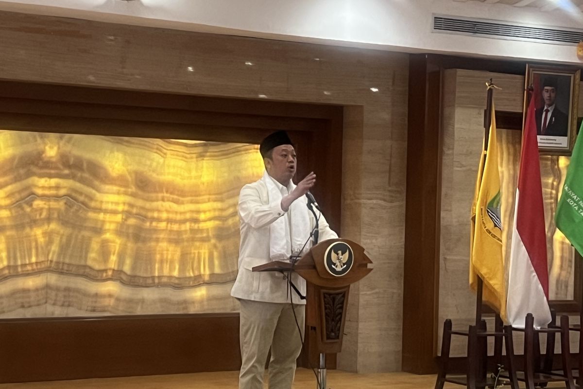 Menteri ATR/Kepala BPN Nusron Wahid saat menghadiri peluncuran data pertanahan dan perpajakan di Kantor Wali Kota Tangerang, Tangerang, Rabu (30/4/2025).