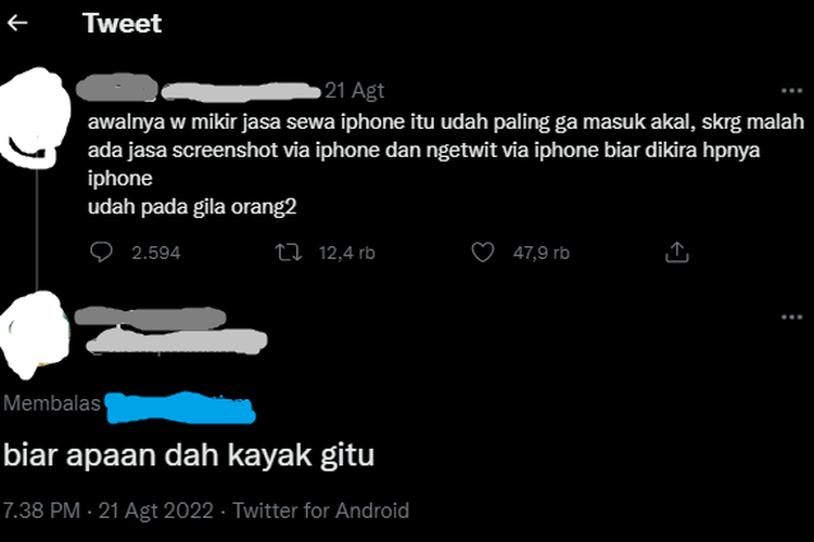 Tangkapan layar twit soal adanya jasa screenshot via iphone yang diperdagangkan di e-commerce.