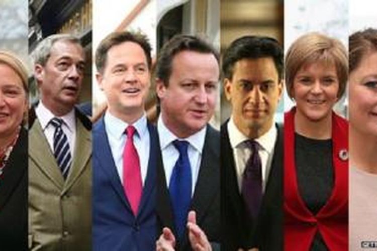 Pimpinan partai politik Inggris mulai dari kiri, Natalie Bennett (Green), Nigel Farage (UKIP), Nick Clegg (Liberal Demokrat), David Cameron (Konservatif), Ed Miliband (Buruh), Nicola Sturgeon (SNP), dan Leanne Wood (Plaid Cymru),