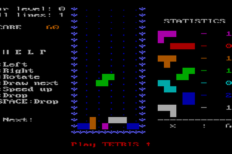 Tangkapan layar dari tetris versi IBM PC tahun 1986 dikembangkan oleh Dmitry Pavlovsky dan Vadim Gerasimov