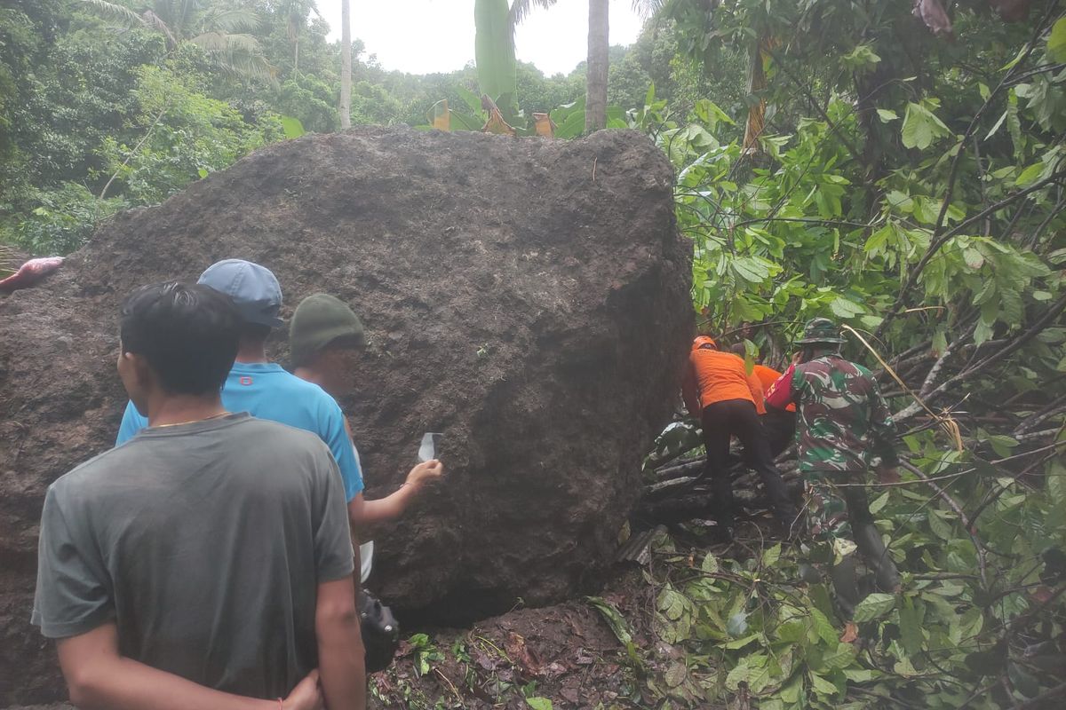 Petugas melakukan pencarian korba yang hilang tertimpa longsor di Banjar Cempaka, Desa Pikat, Kecamatan Dawan, Kabupaten Klungkung, Provinsi Bali, Senin (20/1/2025).