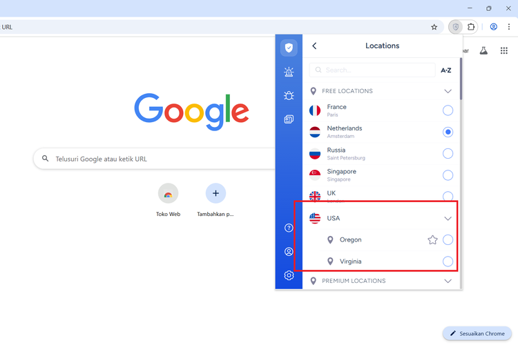 Ilustrasi cara membuat video Veo 3 dengan Gemini AI. Langkah 2 menginstal VPN dengan koneksi dari wilayah Amerika Serikat.