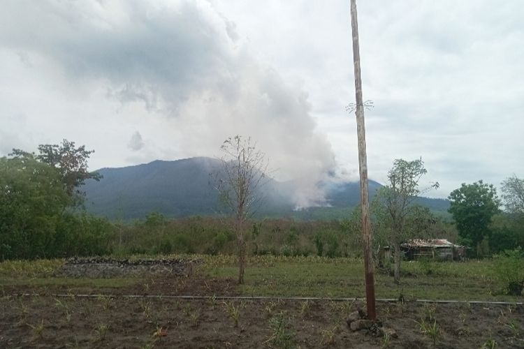 Visual Gunung Lewotobi Laki-laki dari Desa Nurabelen, Kecamatan Ile Bura, Kabupaten Flores Timur pada Selasa (16/1/2024).