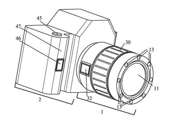 Ilustrasi kamera dan lensa yang dilengkapi pemindai sidik jari dalam dokumen paten Canon.