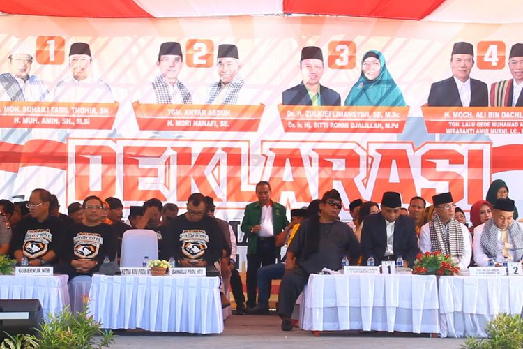 Mataram, Kompas.com deklarasi pilkada damai dan berintegritas digelar KPU NTB bersama empat paslon Gubernur dan Waki Gubernur NTB, Minggu (18/2). 