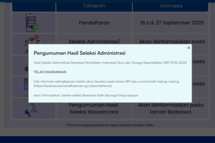 Tangkapan layar laman resmi pengumuman hasil administrasi Beasiswa Pendidikan Indonesia 2025.