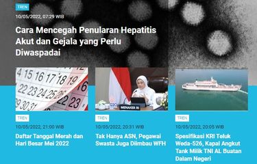 Artikel mengenai cara pencegahan penularan hepatitis akut misterius menjadi berita terpopuler tren sepanjang Selasa (10/5/2022).