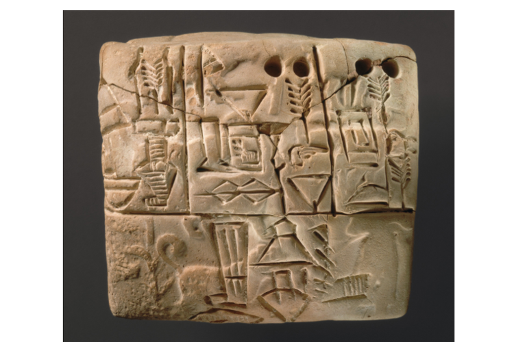 Tablet paku Sumeria, mungkin dari Erech (Uruk), Mesopotamia tahun 3100?2900 Sebelum Masehi. Sekarang tersimpan di Museum Seni Metropolitan, Kota New York.