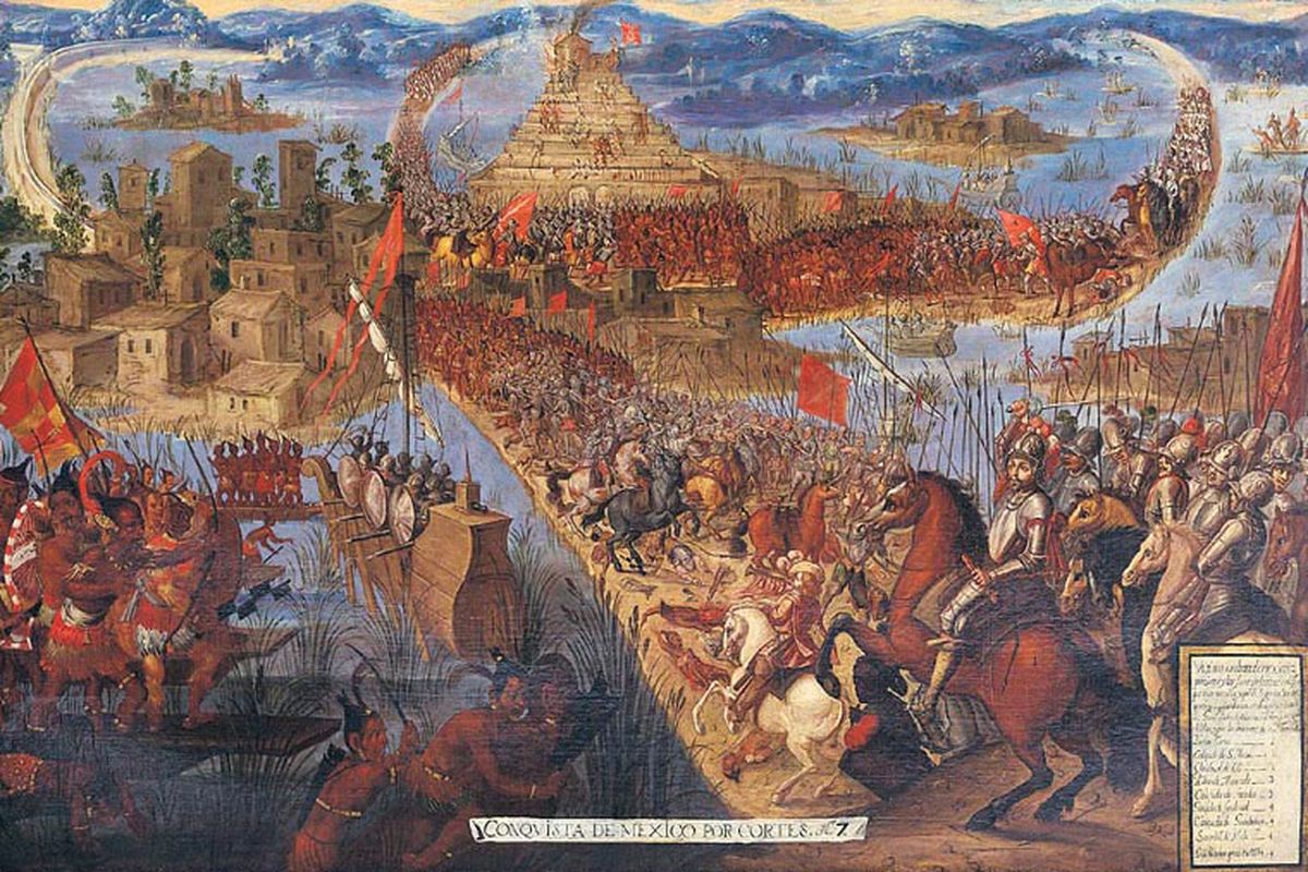 Penaklukan bangsa Spanyol atas Suku Aztec pada abad ke-16.