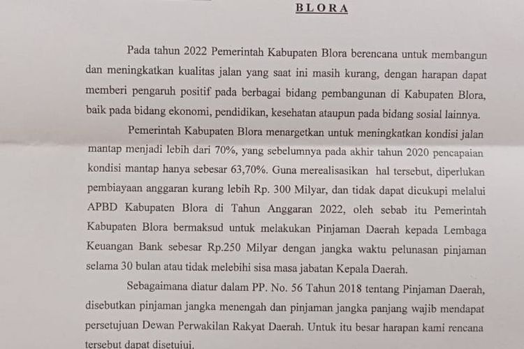 Surat permintaan persetujuan peminjaman uang sebesar Rp 250 M dari Bupati Blora, agar disetujui DPRD Blora