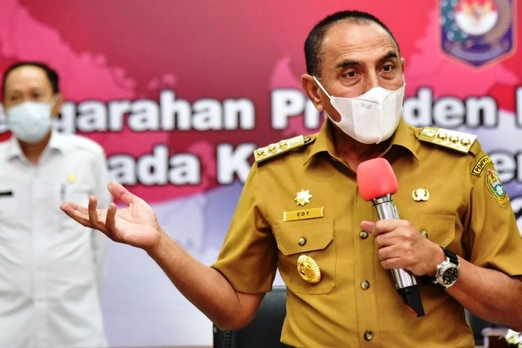Gubernur Sumut Edy Rahmayadi usai mengikuti arahan Presiden Jokowi kepada seluruh kepala daerah terkait pencegahan Covid-19 dan larangan mudik Lebaran di Aula Tengku Rizal Nurdin, Rabu (28/4/2021)