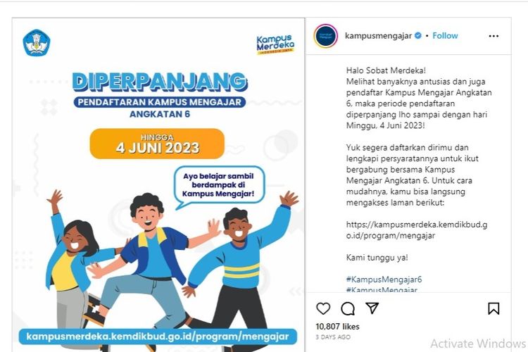 Pendaftaran Kampus Mengajar Angkatan 6 ditutup hari ini, Minggu 4 Juni 2023.