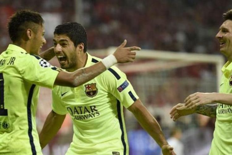 Trio penyerang Barcelona, Neymar (kiri), Luis Suarez (tengah) dan Lionel Messi.