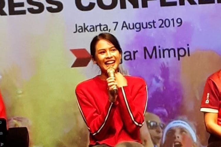 Maudy Ayunda dalam jumpa pers di Plaza Senayan, Rabu (3/8/2019).