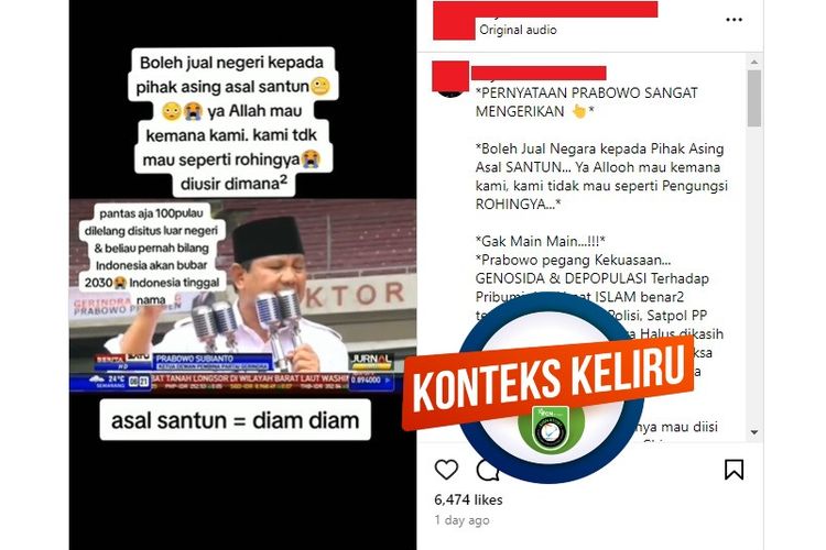 Tangkapan layar Instagram narasi yang menyebut Prabowo menyatakan bahwa boleh menjual negara asal santun