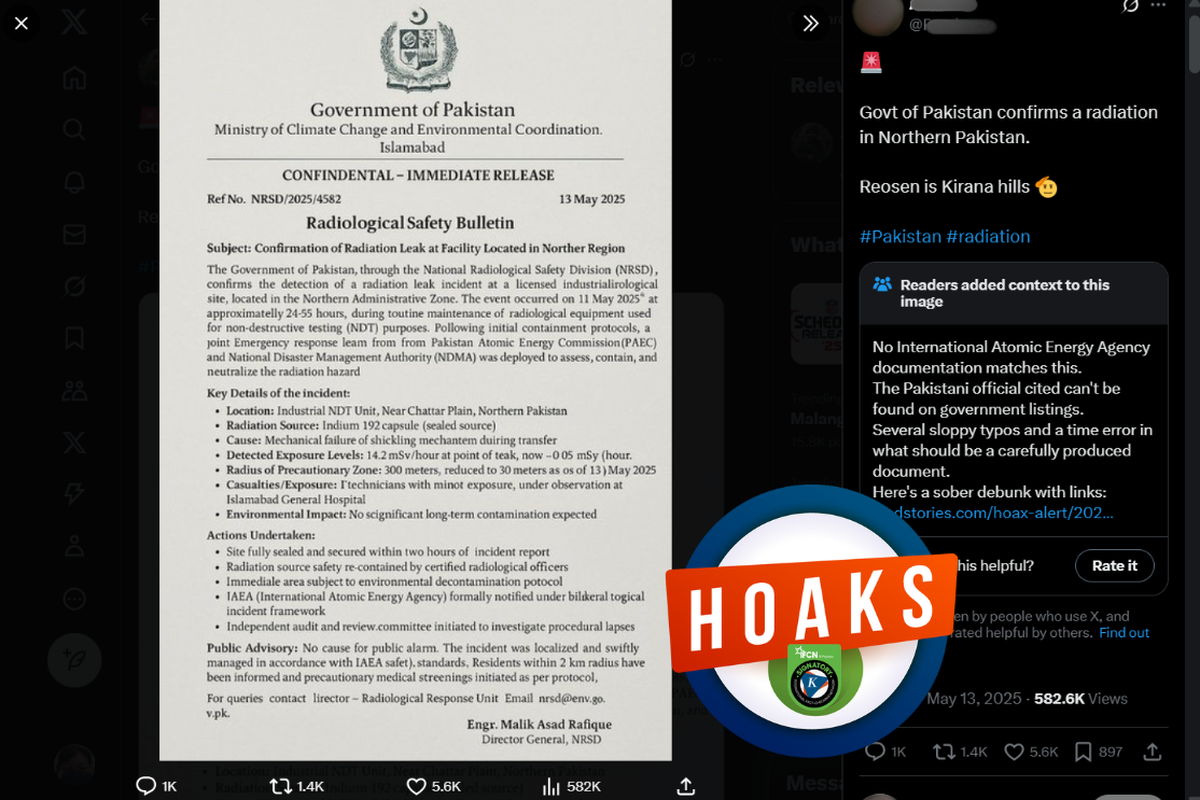 Tangkapan layar konten hoaks di sebuah akun X, Selasa (13/5/2025), memuat surat mengatasnamakan pemerintah Pakistan mengenai kebocoran radiasi.