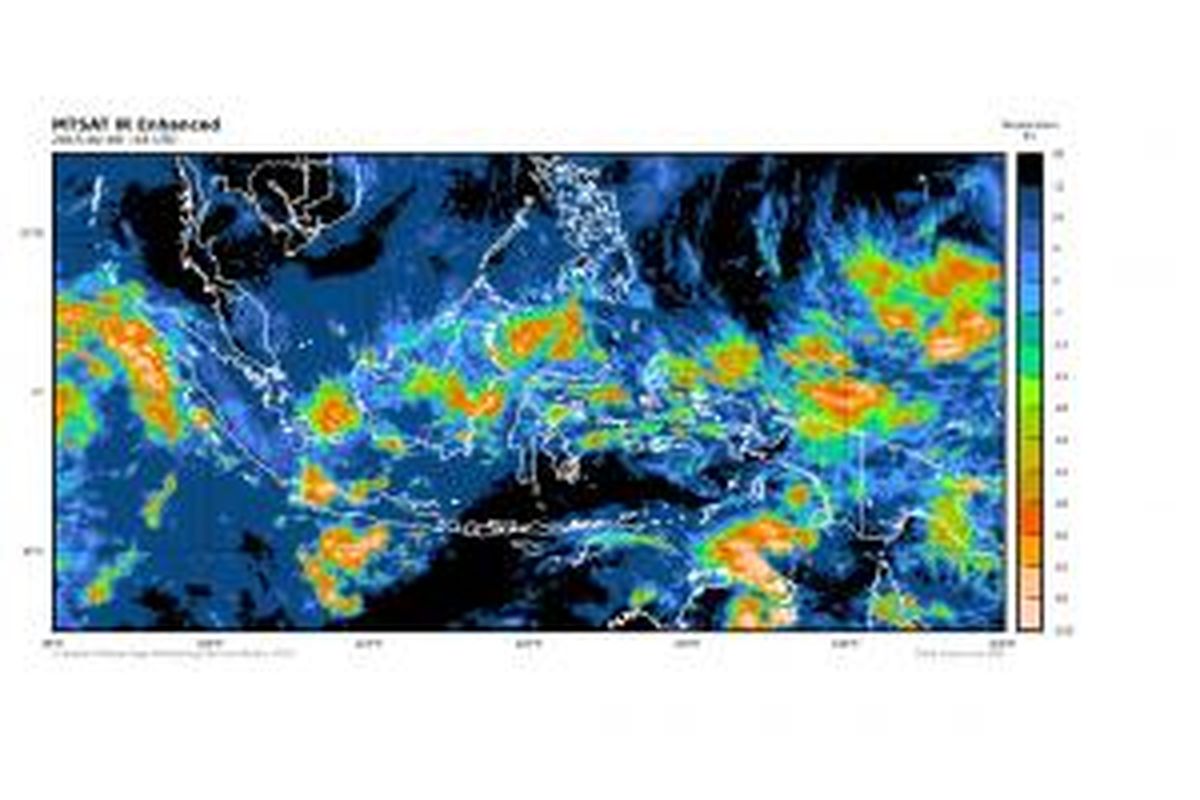 Citra satelot BMKG memperlihatkan potensi hujan Jakarta pada Senin (9/2/2015). Pengamatan terakhir pada pukul 10.00 WIB
