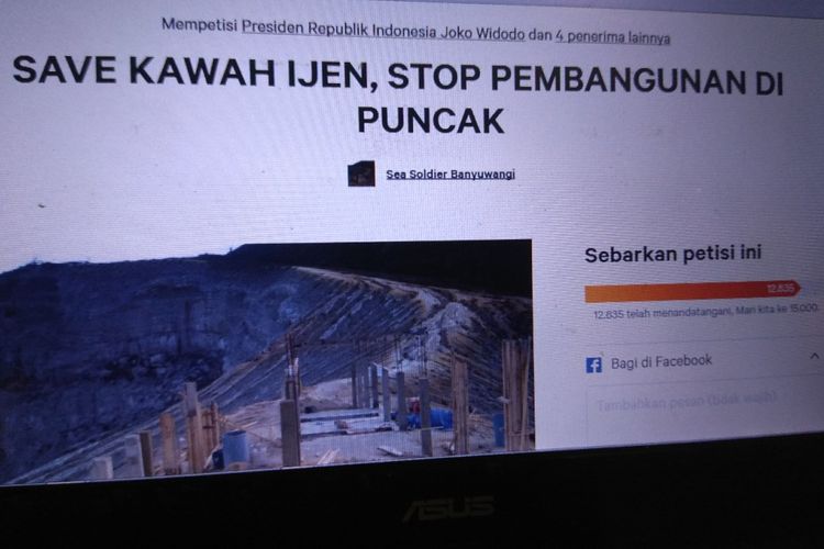 Petisi Save Kawah Ijen, Stop Pembangunan di Puncak yang telah ditandatangani 13.000 orang dalam 4 hari.