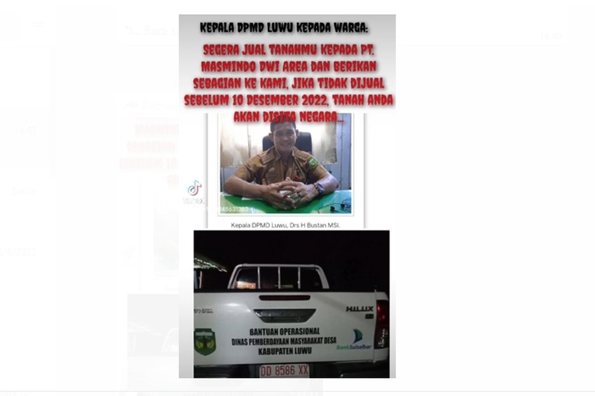 Viral, sebuah akun Tiktok dengan menyebut oknum Kepala Dinas Pemberdayaan Masyarakat Desa (DPMD) Kabupaten Luwu, Bustan, diduga memaksa warga di Desa Ranteballa, Kecamatan Latimojong, untuk segera menjual lahannya pada perusahaan tambang emas yang beroperasi di daerah tersebut yakni PT Masmindo Dwi Area (MDA).