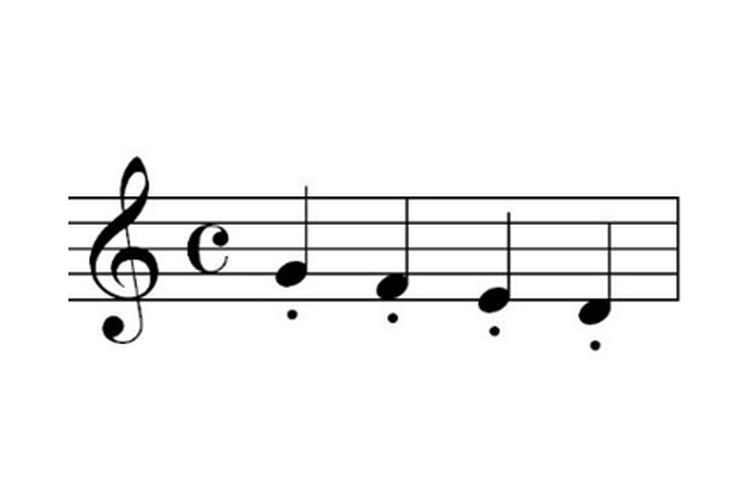 Tanda titik di bawah nada merupakan notasi musik staccato.