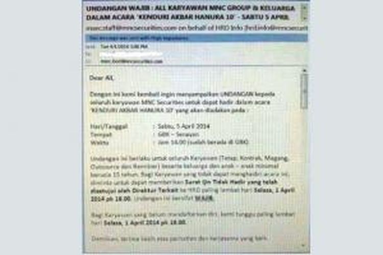 Undangan acara Partai Hanura yang ditujukan kepada seluruh karyawan MNC Group dan keluarga. Undangan ini beredar di media sosial.