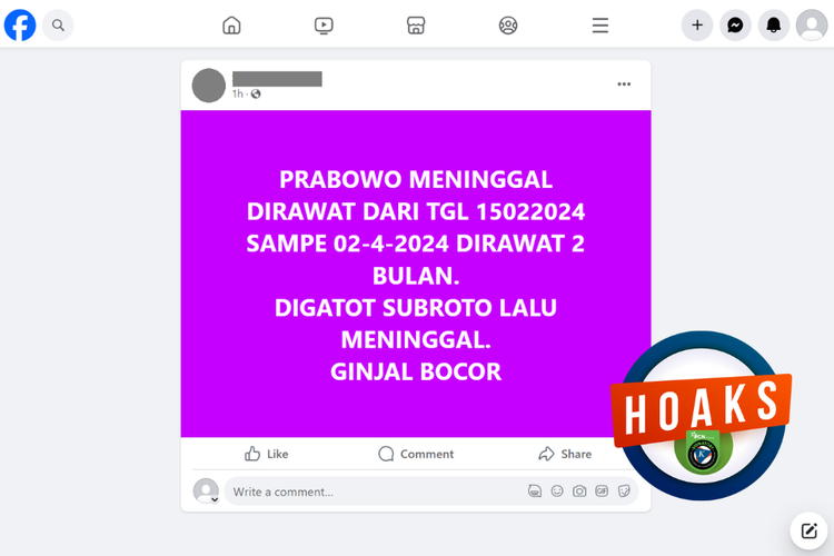 Tangkapan layar konten hoaks di sebuah akun Facebook, Jumat (16/2/2024), soal kabar Prabowo Subianto meninggal dunia.
