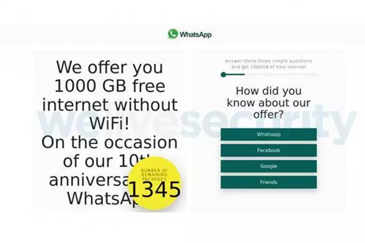 Tampilan situs WhatsApp abal-abal yang dituju oleh tautan dalam pesan penipuan internet gratis 1.000 GB.