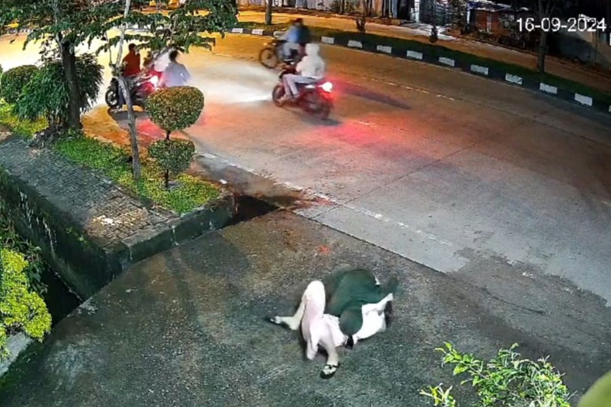 Potongan gambar dari video seorang pria melindungi pacar saat diserang komplotan begal bersenjata tajam di Jalan Cemara, Kota Medan pada Senin (16/9/2024). 