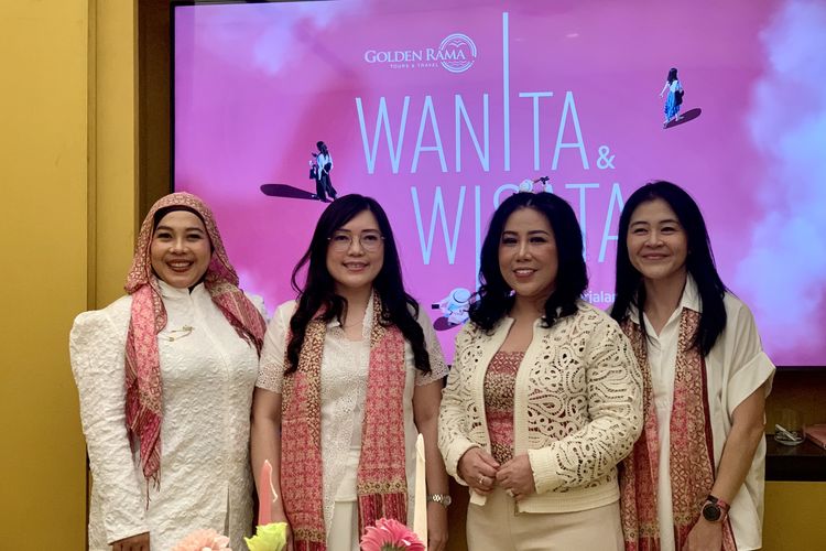 Yulia Hapsari sebagai Corporate Sales Manager Golden Rama Tours & Trave, Kitty Chandra sebagai VP Business Development Golden Rama Tours & Travel, Nicky Christina sebagai GM of Incentive & International Events Golden Rama Tours & Travel, dan Riki Wijaya sebagai Head of Sport Holidays Golden Rama Tours & Travel dalam pertemuan media bertajuk Wanita dan Wisata di Jakarta, Selasa (21/4/2026).
