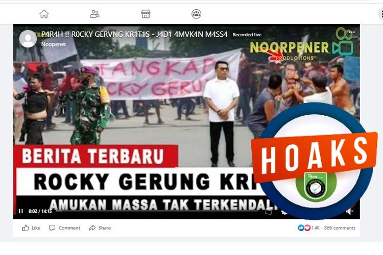 Tangkapan layar Facebook narasi yang menyebut Rocky Gerung kritis karena diamuk massa