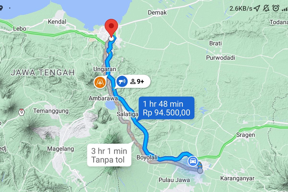 Tampilan Google Maps di Smartphone Android yang menampilkan tarif tol Solo-Semarang.