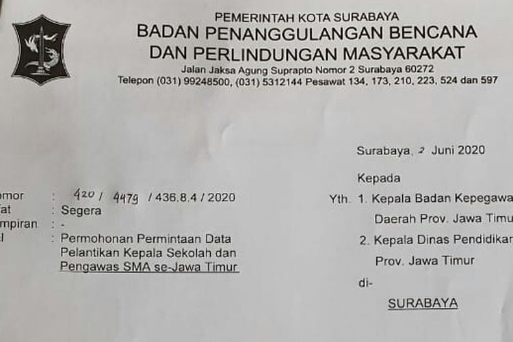 Isi surat yang dikirimkan Pemkot Surabaya kepada Kepala Badan Kepegawaian Daerah (BKD) Provinsi Jawa Timur dan Kepala Dinas Pendidikan (Kadindik) Jatim untuk meminta data pelantikan Kepala Sekolah dan Pengawas SMA se Jawa Timur.