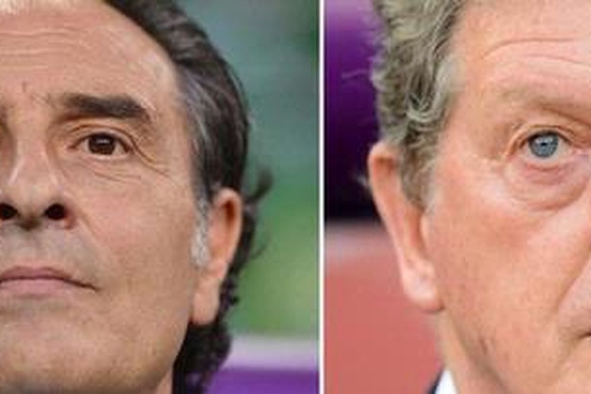 Pelatih Italia, Cesare Prandelli (kiri) dan Pelatih Inggris, Roy Hodgson. Keduanya kemungkinan mengusung gaya permainan yang sama saat bertemu di perempat final Piala Eropa 2012, Minggu atau Senin (25/6/2012) dini hari WIB.
