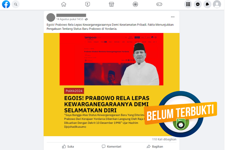 Tangkapan layar unggahan dengan narasi sebagian benar di sebuah akun Facebook, 14 Agustus 2023, soal status kewarganegaraan Prabowo.