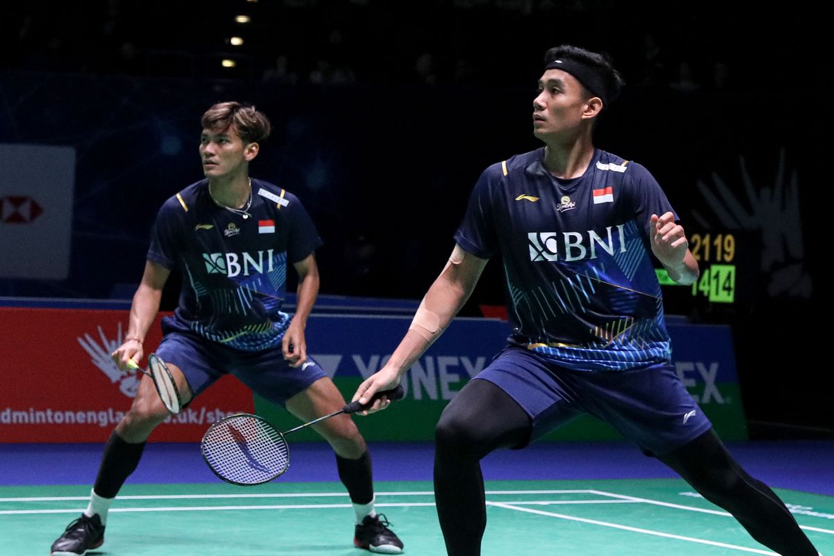 Ganda putra Indonesia, Muhammad Shohibul Fikri/Bagas Maulana, saat bertanding pada babak 16 besar All England 2023 di Utilita Arena Birmingham, Kamis (16/3/2023). Terkini, Fikri/Bagas berhasil melaju ke perempat final Swiss Open 2023.