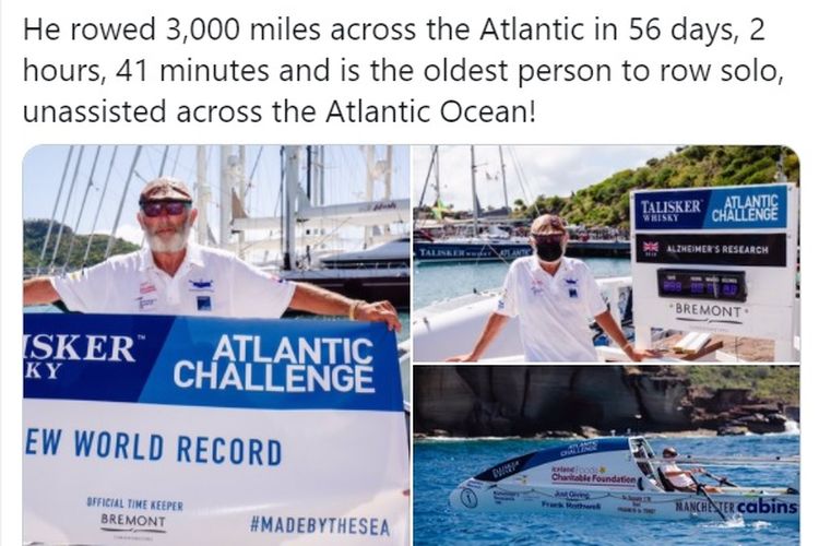 Seorang pria berusia 70 tahun mendayung sejauh 3.000 mil melintasi Samudra Atlantik dalam waktu 56 hari, 2 jam , 41 menit sendirian demi galang dana untuk Alzheimer.