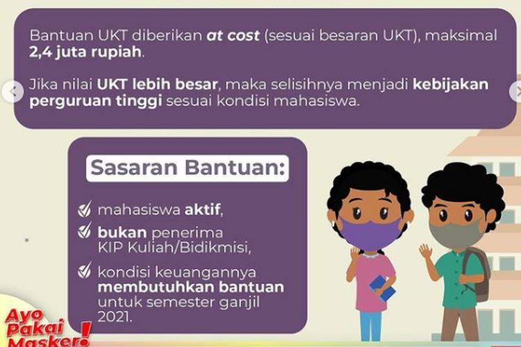 Kemendikbud Ristek meluncurkan bantuan Uang Kuliah Tunggal (UKT) bagi mahasiswa yang keluarganya terdampak pandemi Covid-19.