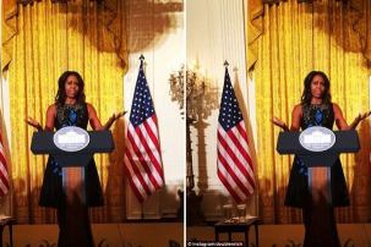 Michelle Obama tampak cantik mengenakan busana karya Oscar De la Renta pada acara Fashion Education Workshop di Gedung Putih.