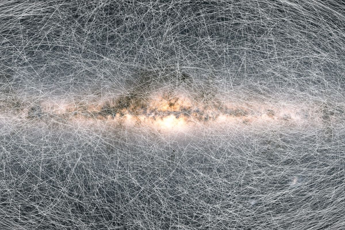 Jejak yang menunjukkan bagaimana 40.000 bintang di galaksi akan bergerak melintasi langit dalam 400.000 tahun mendatang.